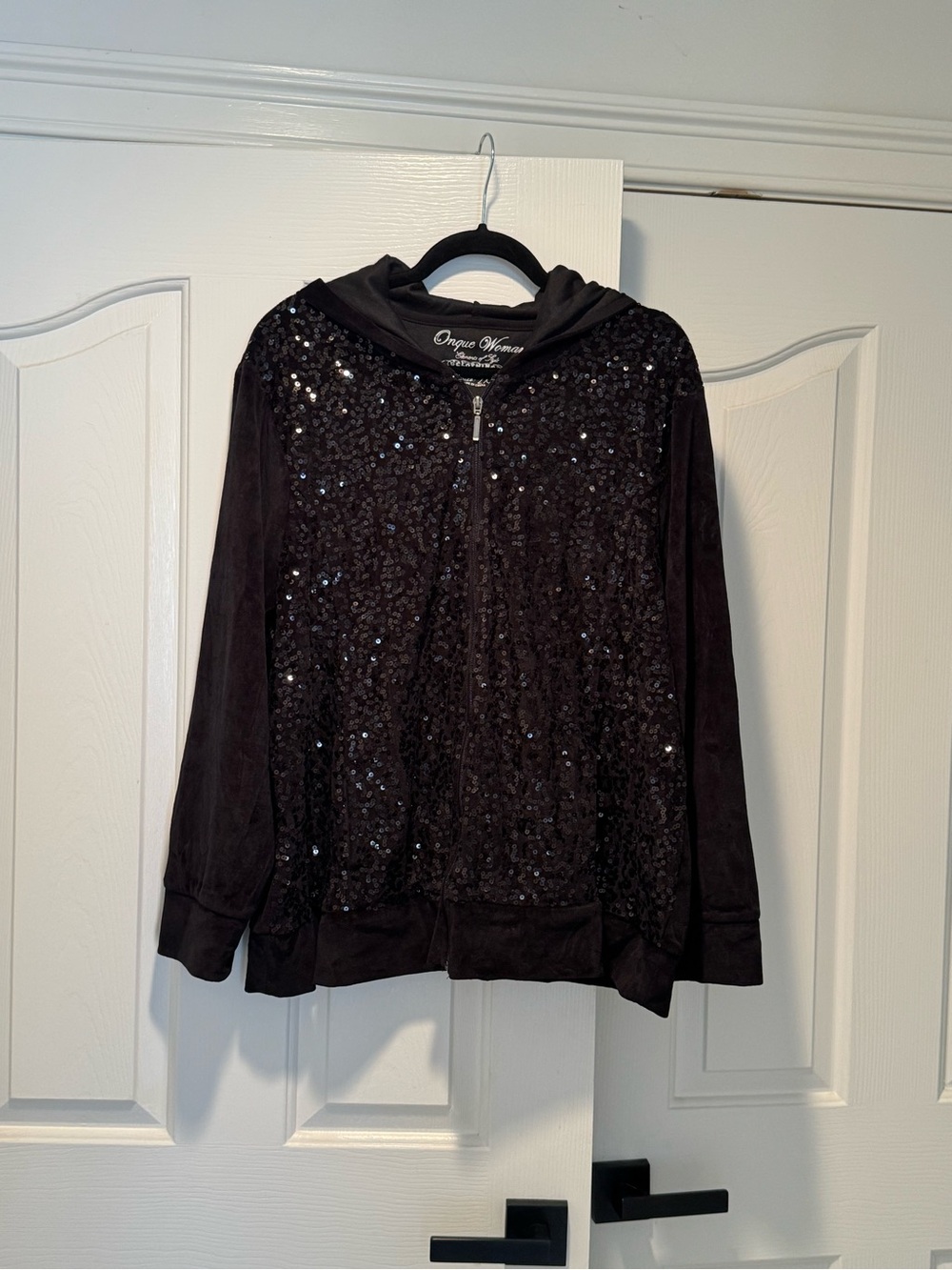 Plus Size Onque Woman Black Hooded Velour Sequin Front Sweatshirt